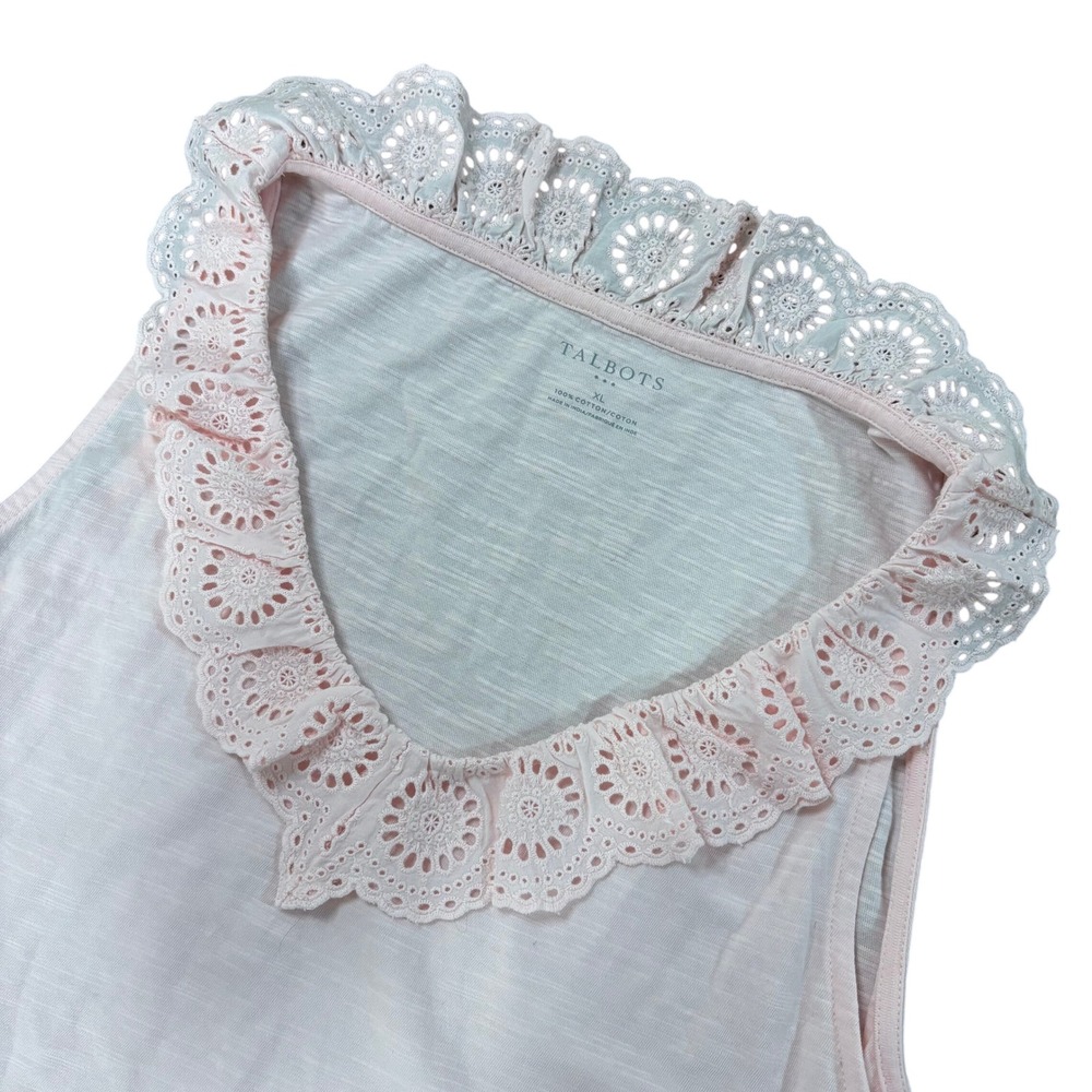 TALBOTS Tank Top Womens XL Pink Cotton Slub Eyelet Lace Ruffle Collar Sleeveless